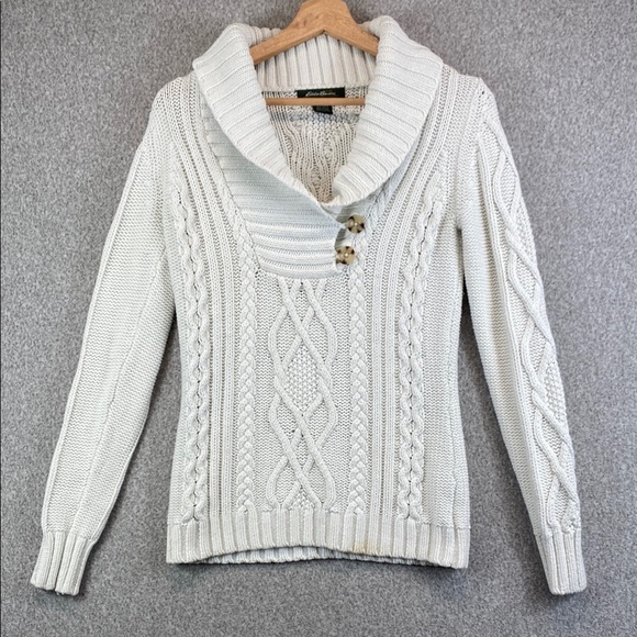 Vtg Eddie Bauer cable knit sweater XS fisherman preppy rolled collar nautical - Picture 1 of 10